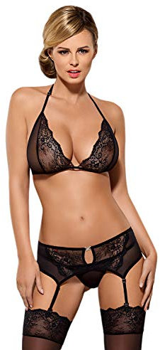 Selente Love & Fun Damen Dessous-Set aus BH, Strapsgürtel, Tanga & Satin-Augenbinde, Made in EU, in Geschenkbox (S/M, Schwarz-Schmuck)
