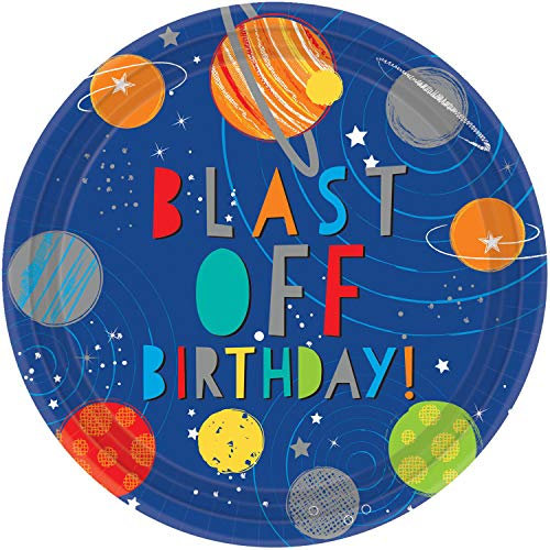 (PKT) Blast Off Birthday Paper Plates 23cm (8 pk)