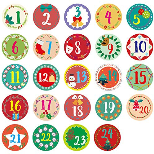 Oblique Unique® 24 Adventskalender Sticker Zahlen Aufkleber für Weihnachten zum Basteln und Verzieren - wählbar (Kreis - Bunt)
