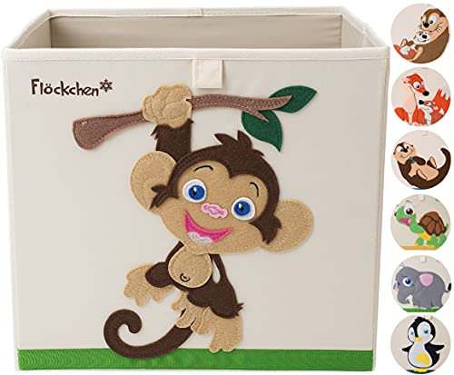 Flöckchen Kinder Aufbewahrungsbox, Spielzeugbox für Kinderzimmer I Spielzeug Box (33x33x33) passt ins Kallax Regal I Kinder Motiv Tiere (Anton der Affe)