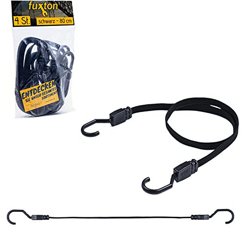 fuxton 4er Set Spanngummi kurz, flach mit Haken 80cm schwarz (Spanngurt, Gepäckgurt, Gummiband) für Gepäckträger, Fahrrad Träger, Rucksack, Auto, Camping und Motorrad