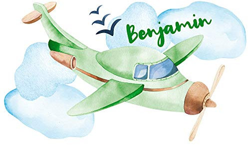 GRAZDesign Wandtattoo Kinderzimmer Junge Flugzeug | personalisiert mit Name | Wandsticker Babyzimmer Baby Jungen | Wandaufkleber Kinderzimmer Deko 69x40cm, Grün
