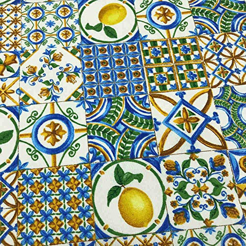 Kt KILOtela - Leinenstoff Meterware bedruckt - Breite 280 cm - Länge wählbar 50 in 50 cm | Fliesen Zitronen - Blau, Gelb, Braun