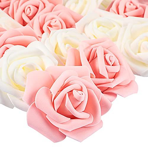 Chuangdi 140 Stück Valentinstag Künstliche Rosen Blume Rouge, 3 Zoll Stiellose Schaumrose Blumenkopf Blumenstrauß Ohne Stiel für Valentinstag Hochzeit Dekoration (Pfirsich, Elfenbein)