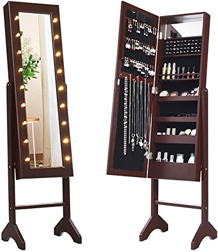 RELAX4LIFE Schmuckschrank 18 LEDs, Schmuckregal mit Ganzkörperspiegel & Eingebautem Spiegel, Spiegelschrank neigbar, Standspiegel für Ringe & Ohrringe & Ketten & Lippenstifte & Kosmetika (Braun)
