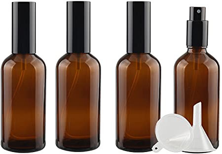ZEOABSY 4 Pcs 100ml Empty Brown Glass with Fine Mist Spray Bottles Travel Portable Small Refillable Amber Sprayer Bottles with Black Pump Head for Cosmetic Perfume Containers, with 1x Funnel