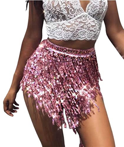 Yienate Sexy Fransen Pailletten Rock Damen Bauchtanz Kostüm Hüfte Quaste Hüftschal Sparkle Wrap Rave Kostüm (Purpur Rosa)