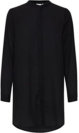 ICHI IHCELLANI Long SH2 Damen Lange Bluse Langarm Lange Bluse mit langem Arm Loose Fit mit verdeckter Knopfleiste Stehkragen mit einem Knopf