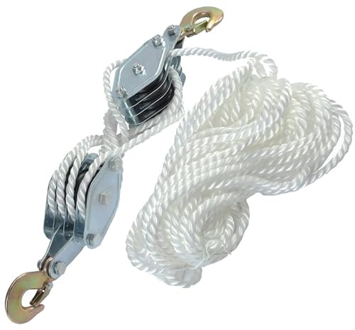 Wheel Block and Tackle System 4000LB Breaking Strength 65 Feet 3/8 Rope Hoist Pulley 7:1 Ratio Lifting Power for Lifting Heavy Objects (4 Pulley-White)