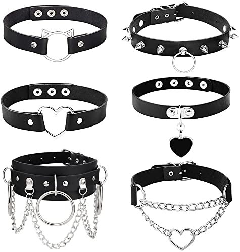 JeweBella 6 Stück Gothic Choker Halsband für Damen Frauen Schwarz Punk Choker Herz Gothic Choker Nieten Leder Choker Spikes Rock Choker Kragen Choker Halskette Set für Halloween Cosplay