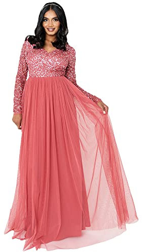 Maya Deluxe Damen Women's Dress Long Sleeve for Wedding Guest V Neck High Empire Waist Maxi Long Length Evening Brides Kleid, Vermillion, 44 EU