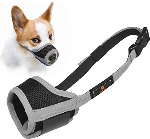 Maulkorb für Hunde, Maulkorb mit Klettverschluss Weich, Verhindert Beißen, Sicher Atmungsaktives Bellen und Kauen, mit Verstellbarer Schlaufe, Atmungsaktives Mesh - Grau, L