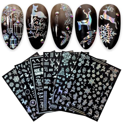 JMEOWIO Nagelsticker Aurora Weihnachten 9 Blatt Nagelaufkleber Selbstklebend Rose Gold Schneeflocken Winter Nail Art Sticker Dekoration Nageldesign Zubehör