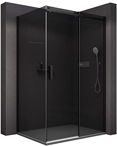 BERNSTEIN - Cabine de douche d'angle 140x80x195cm porte coulissante verre fumé trempé ESG 8mm anticalcaire, Profilés noir mat, Charnières réversibles gauche/droite - NT806FLEX