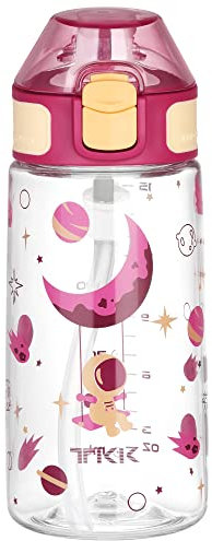 TKK 3002 Kinderflasche 500ml auslaufsicher, mit Trinkhalm, Tritan BPA-Frei einhändig bedienbare Trinkflasche Rot Kindergarten, Schule