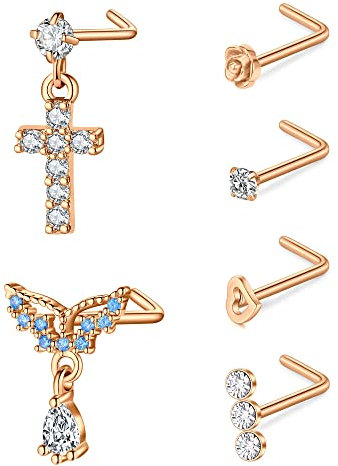 VFUN Nasenstecker 20G Chirurgenstahl Kreuz Diamond CZ L Form Rosegold Flügel Nasenpiercing, 6 Stück pro Packung, Rosegold, 7 mm, 20G, Klicker, Implant Grade