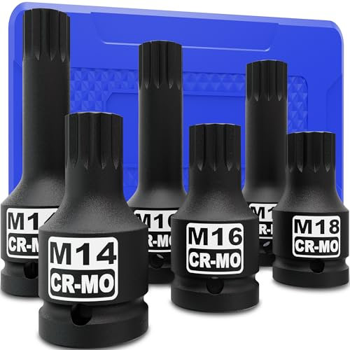 KIRXST 1/2 Inch Impact XZN Bit Socket Set, M14 - M18, 6 Piece Impact Spline Socket Bit Set for Mechanical Repair