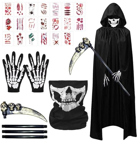 TECHEEL Sensenmann Kostüm Halloween Kostüm Erwachsene Schwarzer Umhang Sense Skelett Maske Skelett Handschuhe Narben Tattoos Sensenmann Umhang Kostüm Gruselige Set für Halloween Dekoration Cosplay