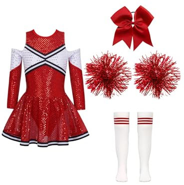 Aislor Mädchen Cheer Leader Kostüm Langarm Cheerleading Uniform Outfits Pailletten Kleid mit Pompoms/Harrband Strümpfe Halloween Cheerleading Tanzkleid A Rot 146-152