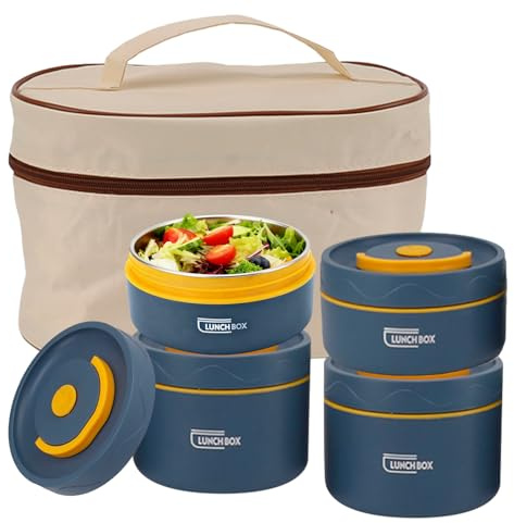 4 Stück Edelstahl Thermobehälter Lunchbox für Essen, Mikrowell-Meeresblau | Rund Thermoschüssel Warmhaltebehälter Edelstahl Doppelschichtiger Suppenbehälter mit Tasche und Deckel