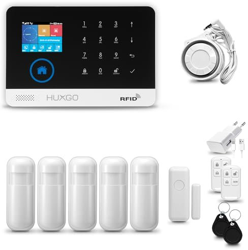 HUXGO® HXA003 Sistema di allarme casa senza fili con sirena WiFi + GSM | Antifurto casa kit con 1x sensori di allarme per finestre/portes, 5x rilevatori di movimento |TUYA Smartlife App