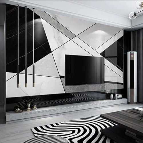 YueMingDi Fond d’écran 3D Canapé de salon Noir et blanc Gris géométrique TV Chambre Papier peint Fond d’écran Murale de salon430cm×300cm