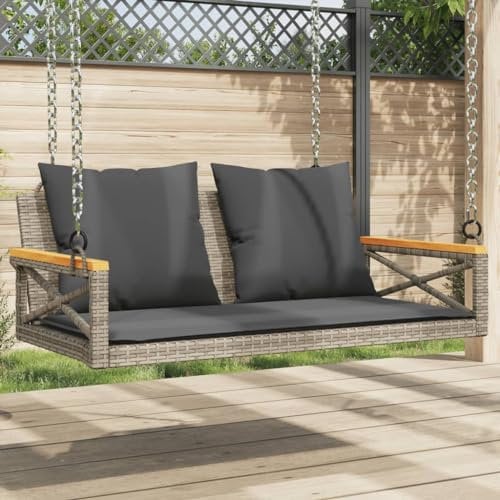 Keyroto Hängebank Hängebank Outdoor Gartenschaukel Outdoor Schaukelbank mit Kissen Poly Rattan Grau 109x62x40 cm