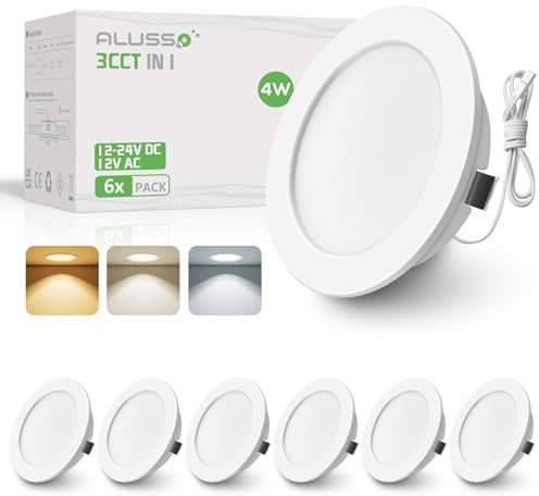 ALUSSO LED Einbaustrahler 12-24V Einstellbare 4W Möbel Einbaustrahler 3000K Warmweiß 4000K Neutralweiß 6000K Kaltweiß, IP44 Einbaustrahler LED Flach Bohrloch 55-58mm und 14.5mm Flache, 6er Set