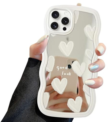 Jusy for iPhone 11 Pro Max Case with Wavy Edge, Cute White Heart Mirror Curly Wave Frame Shape Phone Cases, Shockproof Hard PC & Soft TPU Bumper Protection Cover for Women Girls