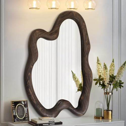 AAZZKANG Großer Wandspiegel mit Holzrahmen, 61 x 40,6 cm, Vintage, unregelmäßiger Wandspiegel, asymmetrischer Hängespiegel für Badezimmer, Schlafzimmer, Wohnzimmer, Eingangsbereich, Braun