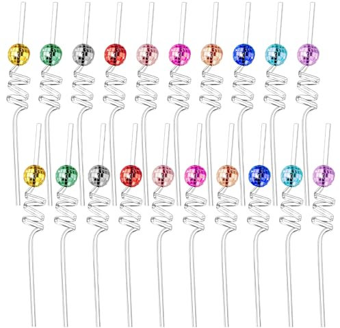 20Pcs Mirror Disco Ball Straws, LIUCONGBD Reusable Curly Plastic Straws, Colourful Drinking Novelty Straws for Birthday Party Favors Family Wedding Decorations Supplies