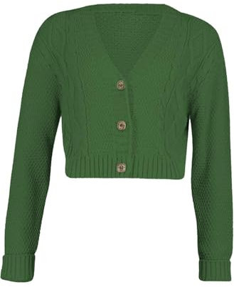 FAIRY BOUTIQUE Cardigan court à manches longues et 3 boutons en tricot torsadé pour femme, vert bouteille, 36-38