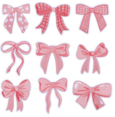 9pcs Pink Bow Iron on Patches, Cute Iron on Patches Embroidery Bow Iron on Patch Embroidered Applique Bow Sew on Patches Cute Bow Patch Sticker for Sewing Jeans Shirt Hat Jackets