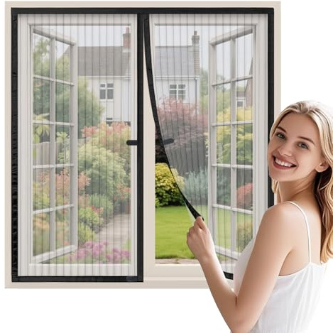 Moustiquaire Fenetre Magnetique 140x130 cm, Moustiquaire pour Fenêtre Avec Ouverture au Centre Qui se Ferme Automatiquement, Noir
