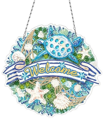 CXINLky DIY Diamond Art Painting Anhänger mit Kette, Diamant Painting Fensterbilder Willkommen, 5D Diamond Malerei Wandbehang Kits für Fenster Wand Eingang Garten Decor-01-Marine-Stil