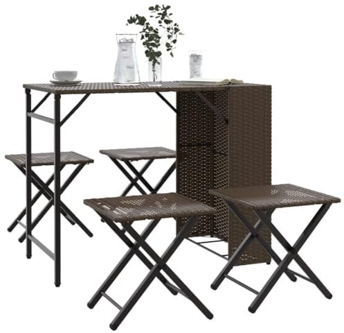 Gecheer 5-TLG.Garten-Essgruppe Gartenmöbel Set Sitzgarnitur Gartengarnitur Sitzgruppe Gartengruppe Rattan Set Tisch und 4 Stuhl Set Klappbar Braun Poly Rattan