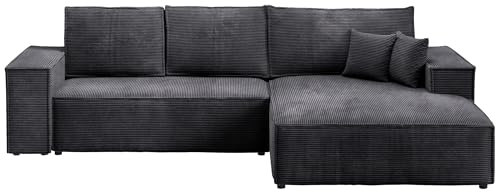 BROMARKT Ecksofa mit Schlaffunktion L Form Sofa Eckcouch mit Bettkasten Wohnlandschaft Kordstoff Couch 294x185x85 cm Schlafsofa für Wohnzimmer Pablo Schwarz Rechts