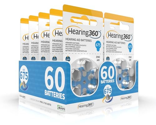 Hearing360 PR44 Hearing Aid Batteries Size 675, Mercury Free Batteries Extra Durability and Reliability (10 Blue Blister Packs, 60 Batteries)