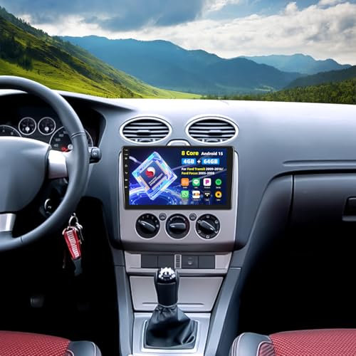 8 núcleos Qualcomm Android 15 Radio de coche para Ford Transit 2009-2016/Ford Focus 2005-2008 con Carplay Android Auto,9 Pantalla táctil con BT GPS WiFi FM/RDS DSP 3D Car Model Showcase+cámara de