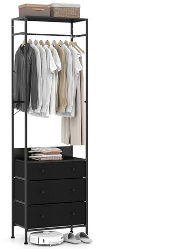 COSTWAY Clothes Rail, Freestanding Metal Garment Rack Clothes Stand with 3-Level Hanging Rail, 3 Fabric Drawers and Storage Shelf, Open Wardrobe Coat Organiser for Bedroom Closet Hallway (Black)