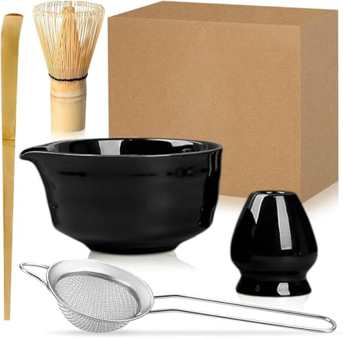 Duscdesp 5 Pcs Matcha Whisk Set Matcha Whisk and Bowl Kit,Matcha Set for Matcha Whisk Matcha Bowl Matcha Spoon Whisk Holder Matcha Sieve,Perfect Matcha Starter Kit for Matcha Tea Ceremony(Black)