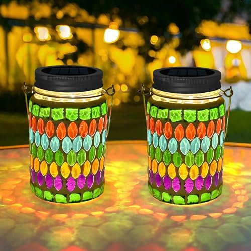 TOTHDATE 2PCS Solar Mosaik Leuchte für Außen, On/Off Glas Mosaik Hängend Licht Solarlaterne Tischleuchte IP65 Wasserdicht für Rasen Pfad Hof Deck Boden Teich, Grün Mosaik Licht