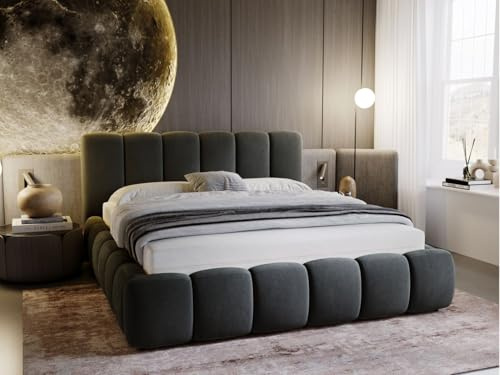 GRAINGOLD Cloud Bett 160x200, Polsterbett mit Bettkasten, Polsterbett mit Stauraum, Samt, mit Lattenrost, mit Kopfteil, ohne Matratze (Grau, 160x200)