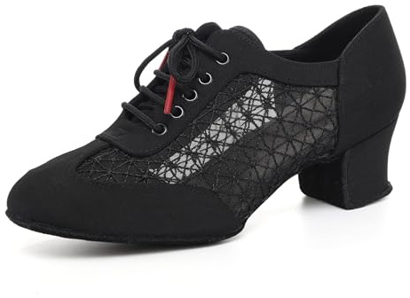 Uonpie Zapatos de Baile Latino Salsa Práctica para Mujeres Tacón Bajo Cordones Negro Zapatos de Baile de Salón Entrenamiento,35EU