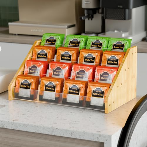 NiHome Teebox 4 Ebenen Bambus Teebeutel Aufbewahrung Organizer Küche Büro | Stufendesign Für Schnellen Zugriff Transparente Trennwände Zur Einfachen Sortierung