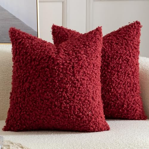 Yaertun 2er Set Kissenbezug Teddywolle Faux Pelz Dekorative Kissenbezüge Plüsch Bouclé Sofakissen Couchkissen Dekokissen Zierkissenbezug Deko Kissenhülle Schlafzimmer Wohnzimmer 40x40 cm Bordeaux