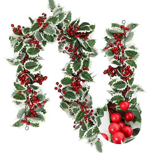 Ghirlanda natalizia artificiale, con bacche rosse, foglie di agrifoglio finte, per l'inverno, con bacche rosse innevate, rampicanti da appendere, per feste di nozze, decorazione della casa, 175 cm, 2