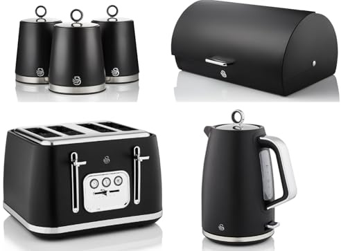 Swan Serenity Black 1.7L 3KW Kettle, 4 Slice Toaster, Bread Bin and Canisters. Contemporary Design Matching Swan Kitchen Set of 6 with a Sleek Matte Black Finish and Chrome/Steel Accents