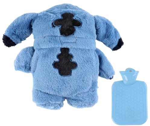 Lvjkes Fluffy Wärmflasche, kinder Wärmflasche Kuscheltier, Verdicktes PVC Herausnehmbares Innenfutter, Leicht zu reinigen, Handwärmer für Erwachsene und Kinder, Cartoon Blau
