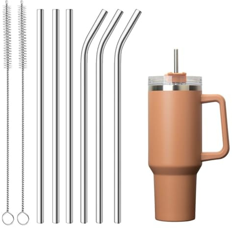 Juego de 6 Pajitas de Acero Inoxidable Reutilizables (3 Rectas + 3 Curvas) con 2 Cepillos Limpiadores, para Bebidas Frías y Calientes, 21.5 cm